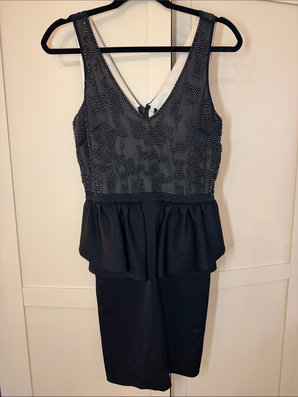 bebe Black Beaded Peplum Midi Dress